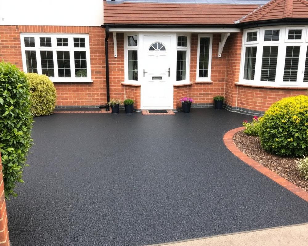 Hot-laid tarmac driveway with charcoal block edge in Farnborough GU14 - replacement of a cracked 1980s drive by Knightscapes