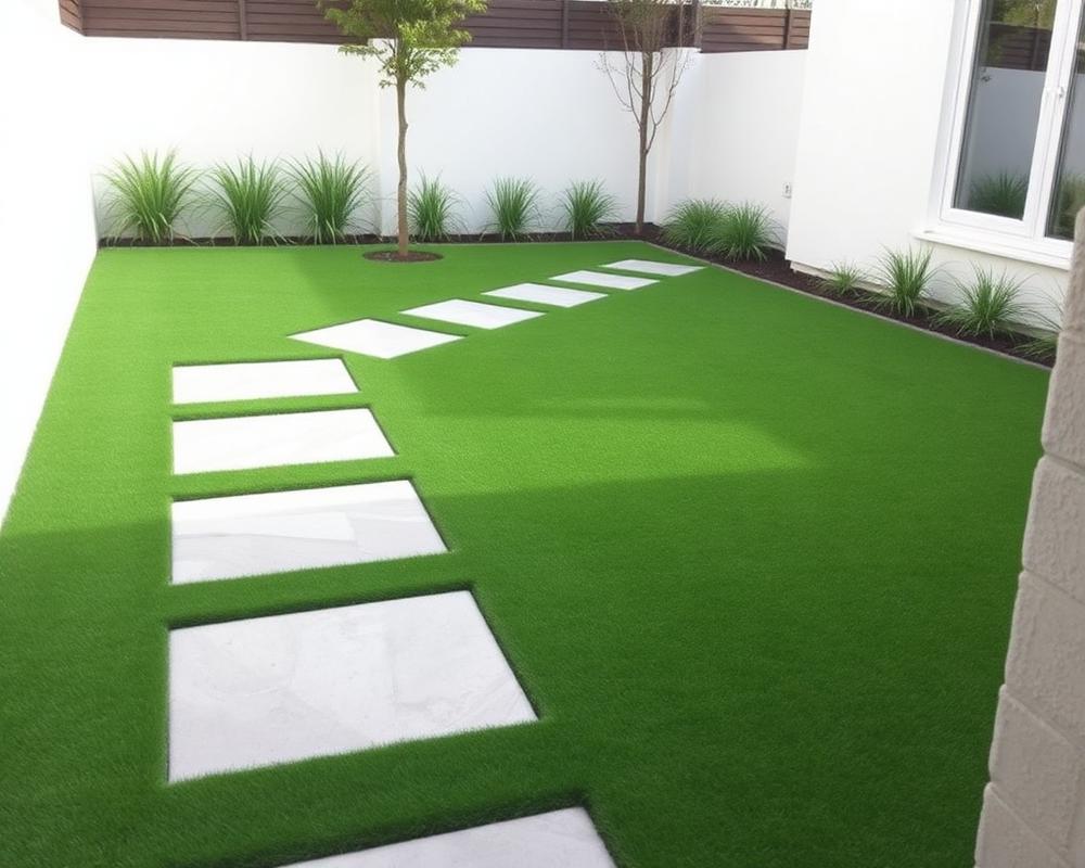 Artificial lawn with porcelain stepping stones and border planting in Woking GU21 by Knightscapes