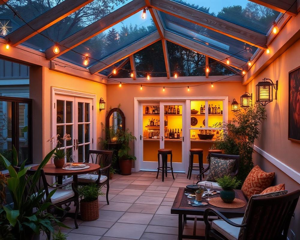 Cedar-clad garden bar and lounge room with double-glazed aluminium doors in Frimley GU16 by Knightscapes