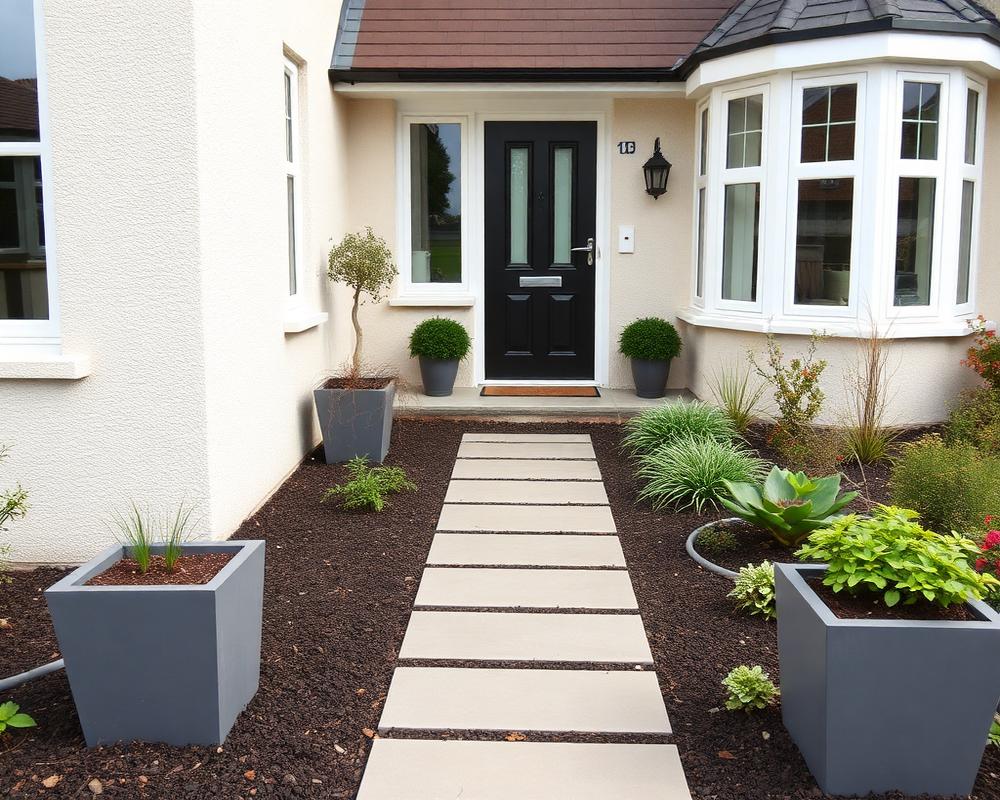 Front garden path with Indian sandstone, perennial planting and granite edging in Guildford GU1 by Knightscapes